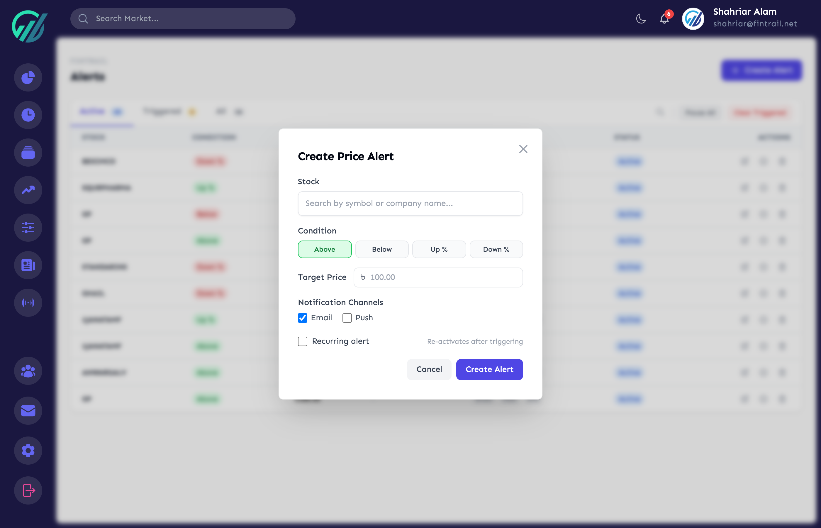 Create Price Alert form with condition types and notification channels