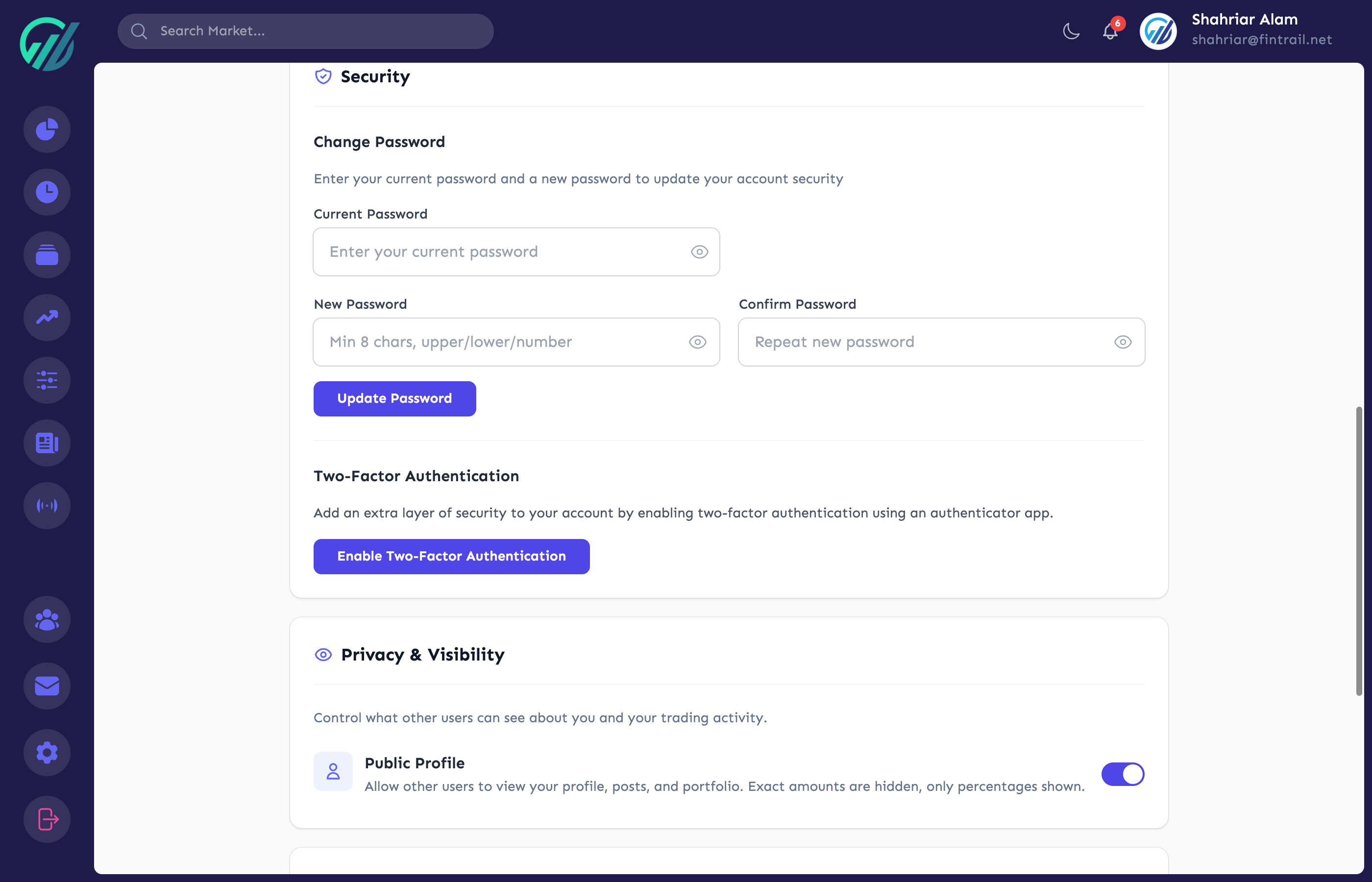 Security section with password change, 2FA setup, and privacy settings